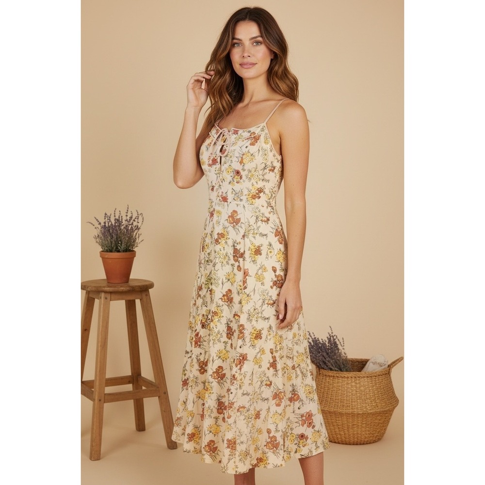 Cooperative Floral Midi Dress Womens 10 Tan Lace Up Corset Boho Romantic Prairie